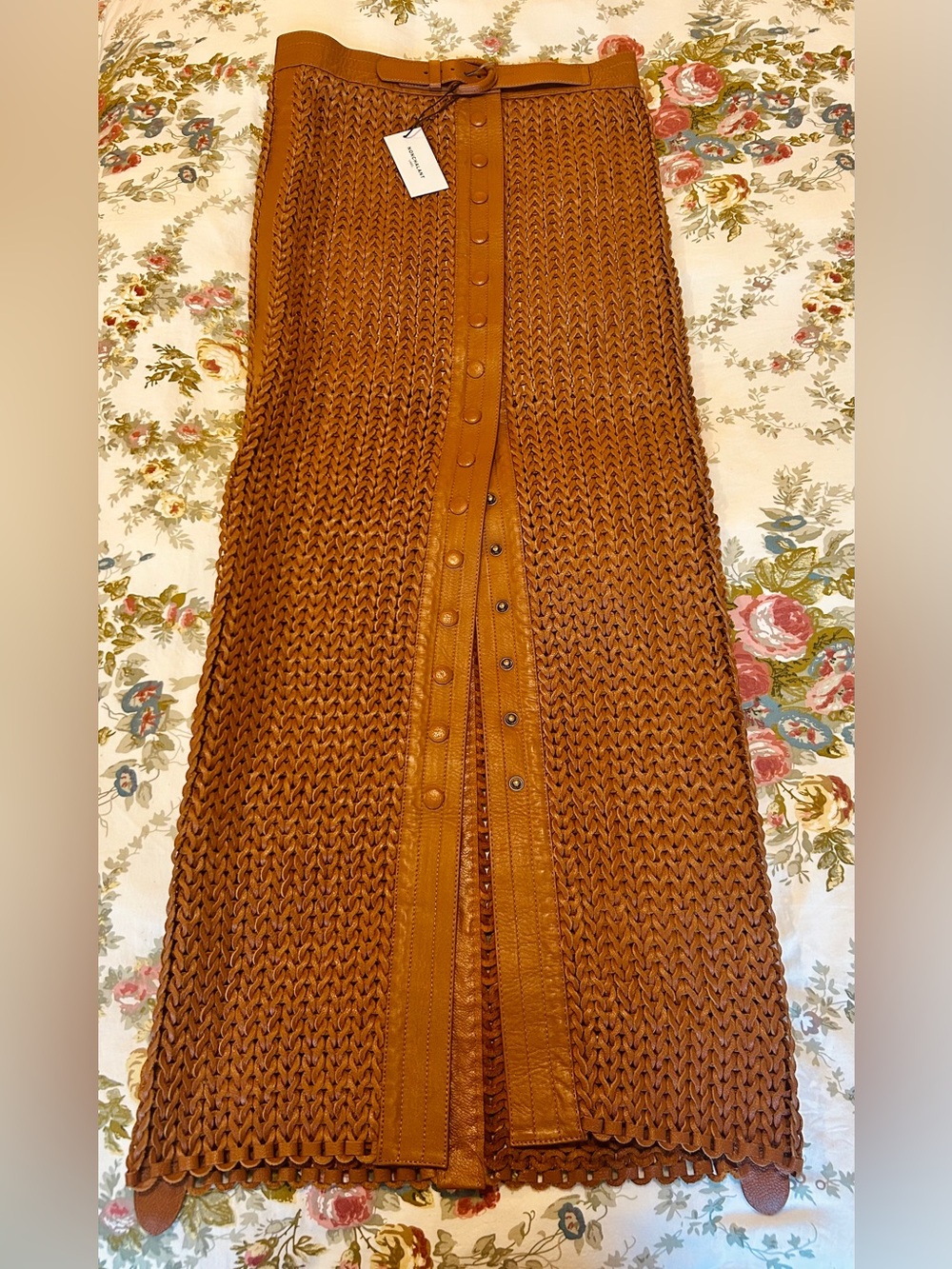 NONCHALANT Label, Genuine Leather Crochet Tan Maxi Skirt with Belt, size M, NWT - Picture 6 of 10